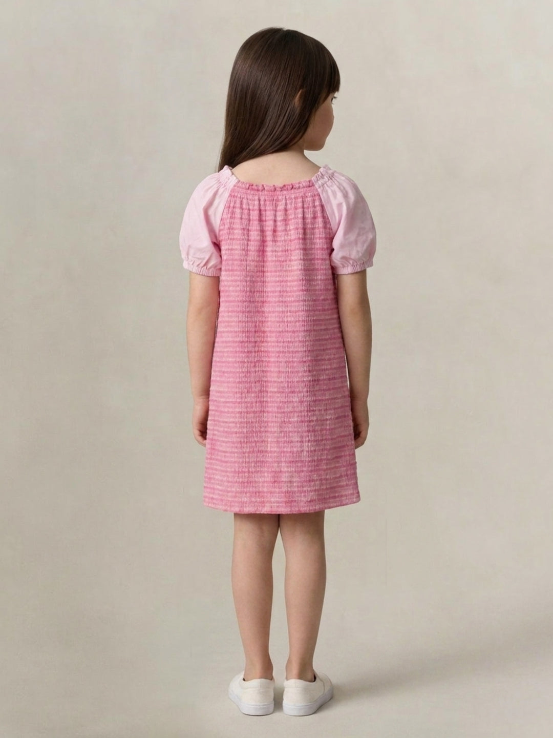 Elle Girls Pink Striped Stretchable Flared Dress