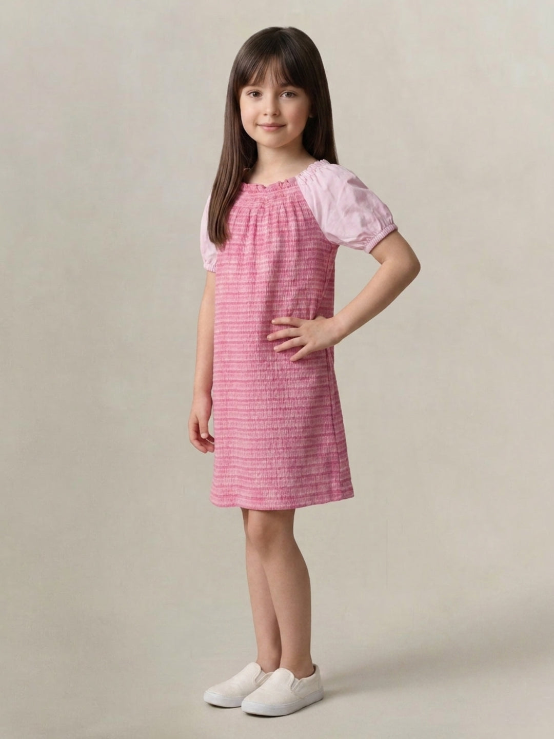 Elle Girls Pink Striped Stretchable Flared Dress