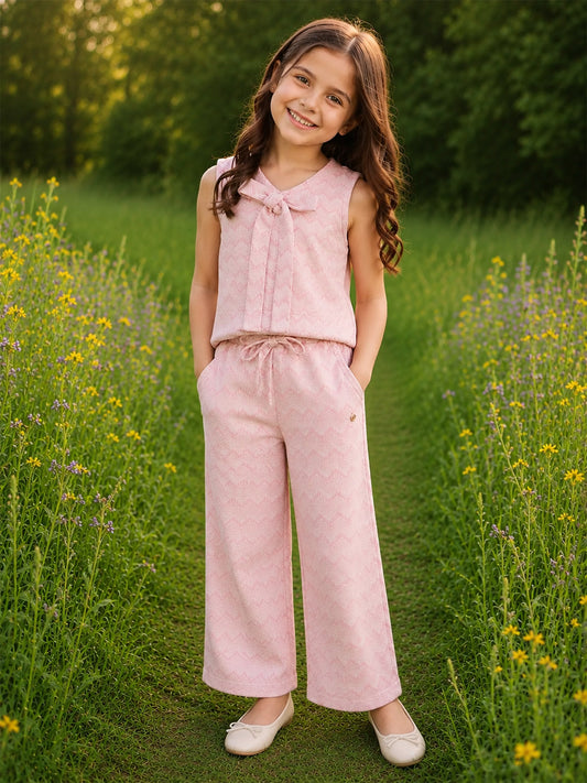 Elle Girls Pink Printed Regular Fit Jacquard Trouser