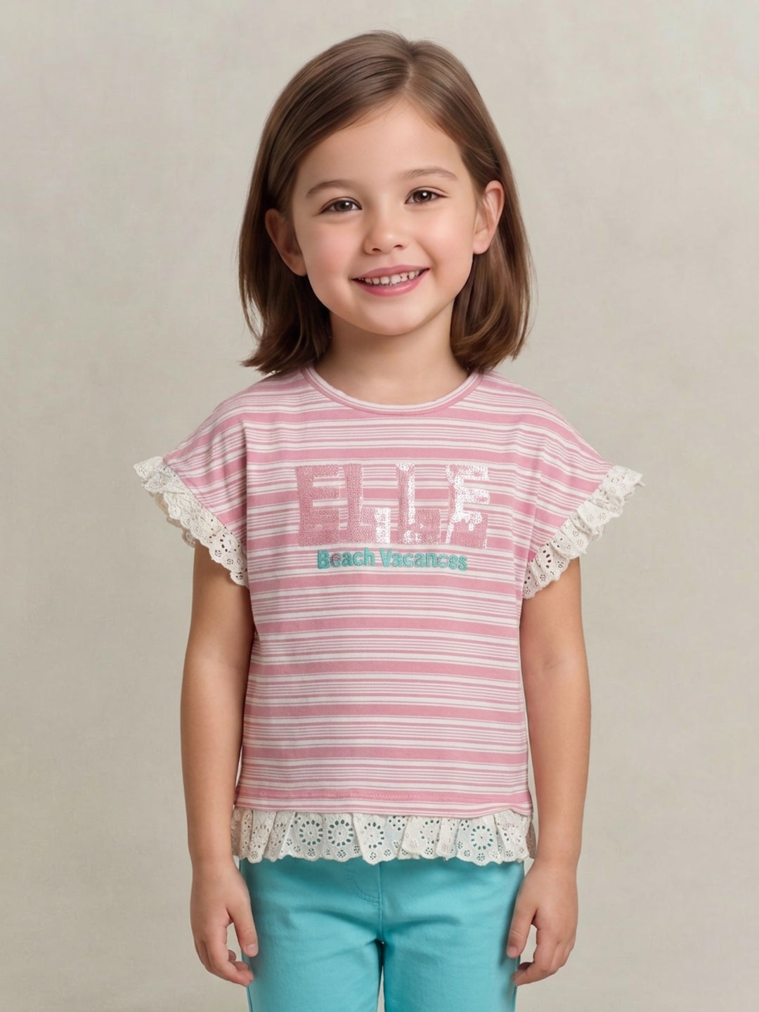 Elle Girls Pink Striped Regular Fit Pure Cotton T-Shirt