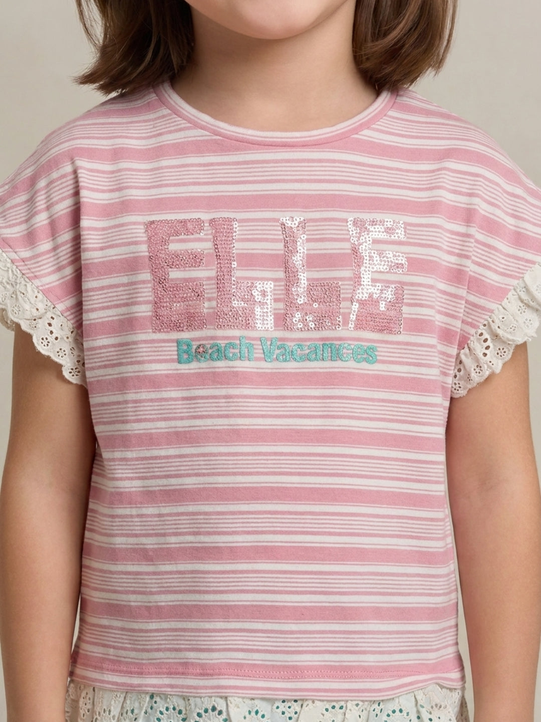 Elle Girls Pink Striped Regular Fit Pure Cotton T-Shirt
