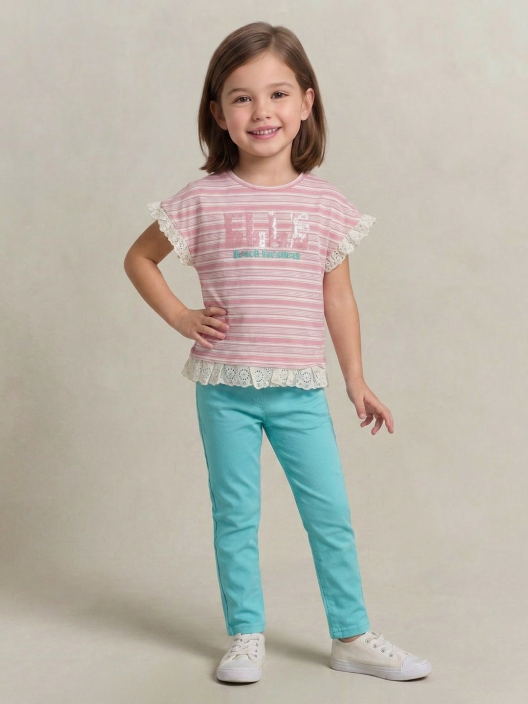 Elle Girls Pink Striped Regular Fit Pure Cotton T-Shirt
