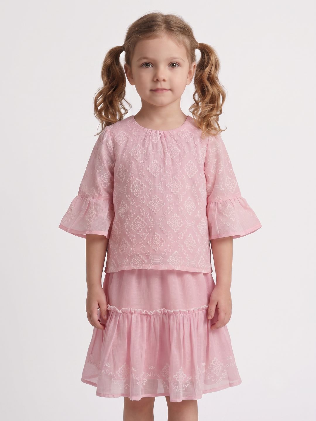 Elle Girls Pink Embroidered Regular Fit Top