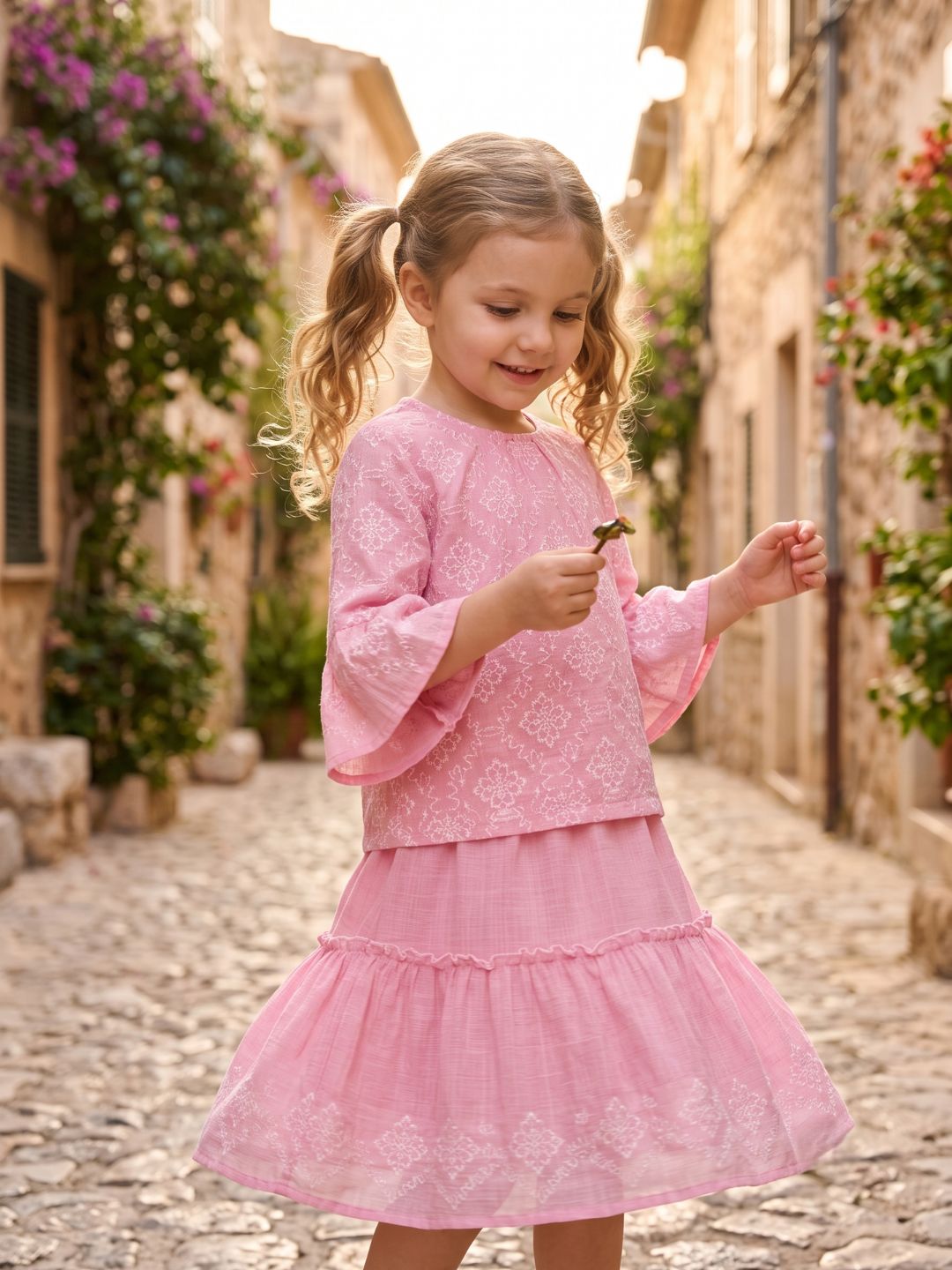 Elle Girls Pink Embroidered Regular Fit Top