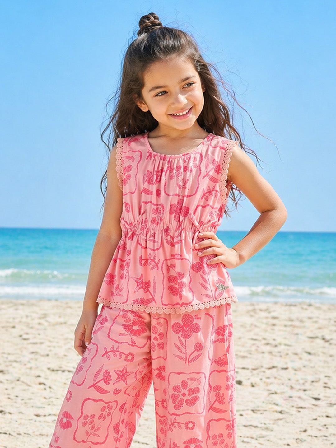 Elle Girls Pink Floral Peplum Pure Cotton Top