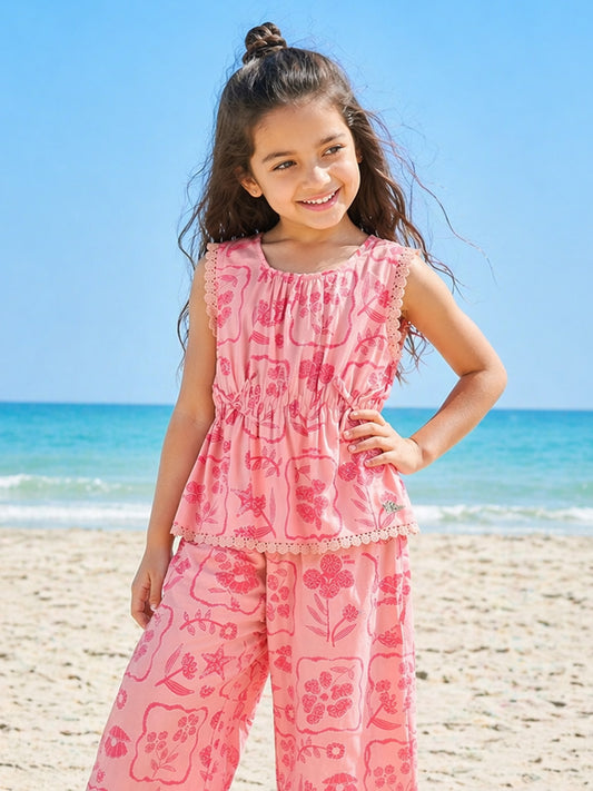 Elle Girls Pink Floral Peplum Pure Cotton Top