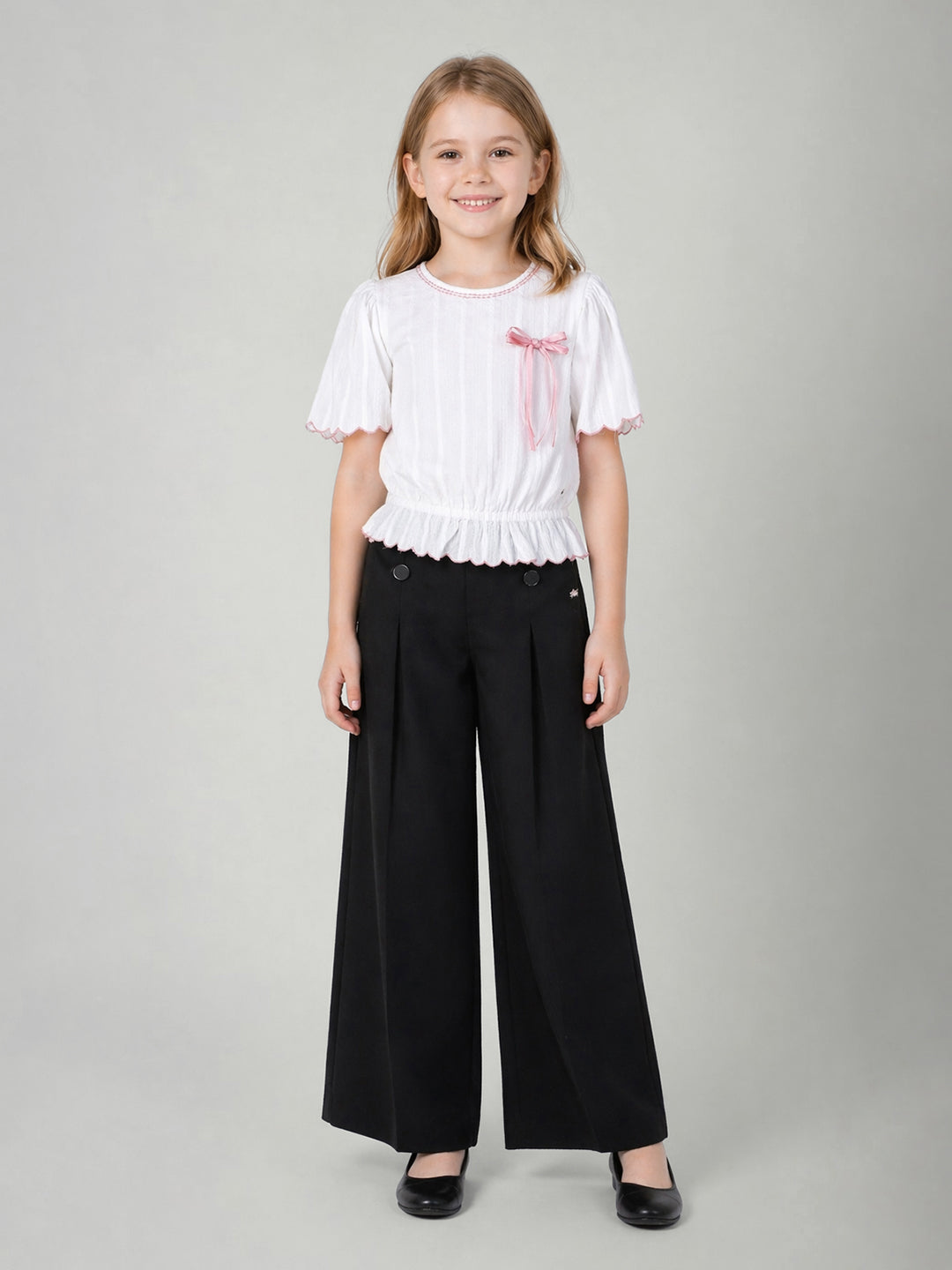 Elle Girls White Solid Blouson Pure Cotton Top