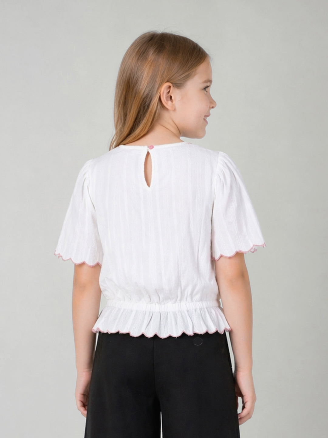 Elle Girls White Solid Blouson Pure Cotton Top