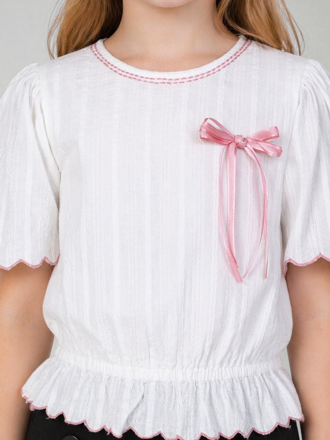 Elle Girls White Solid Blouson Pure Cotton Top