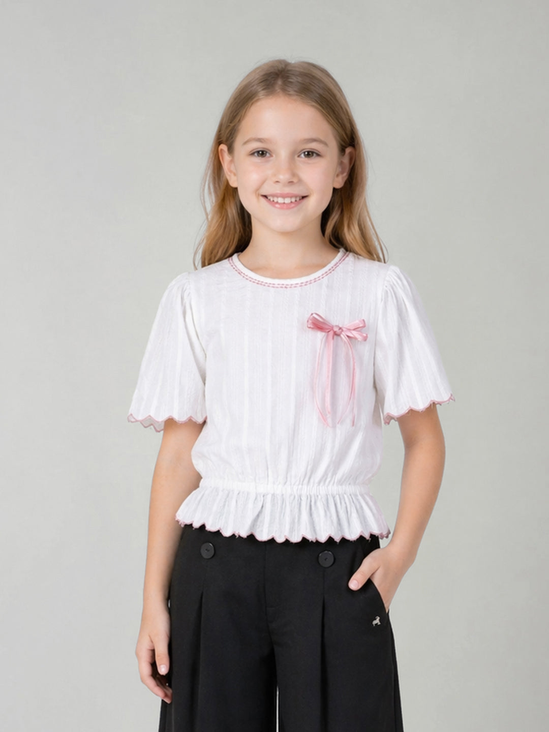 Elle Girls White Solid Blouson Pure Cotton Top