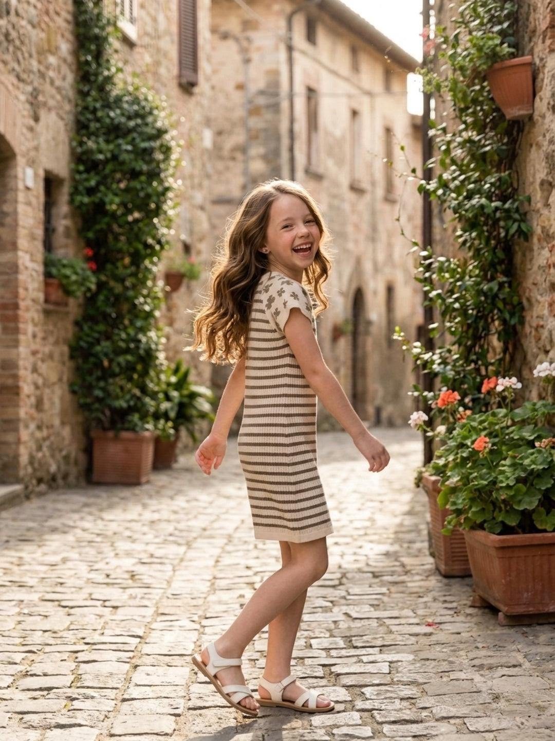 Elle Girls Beige Striped A-Line Fit Pure Cotton Dress