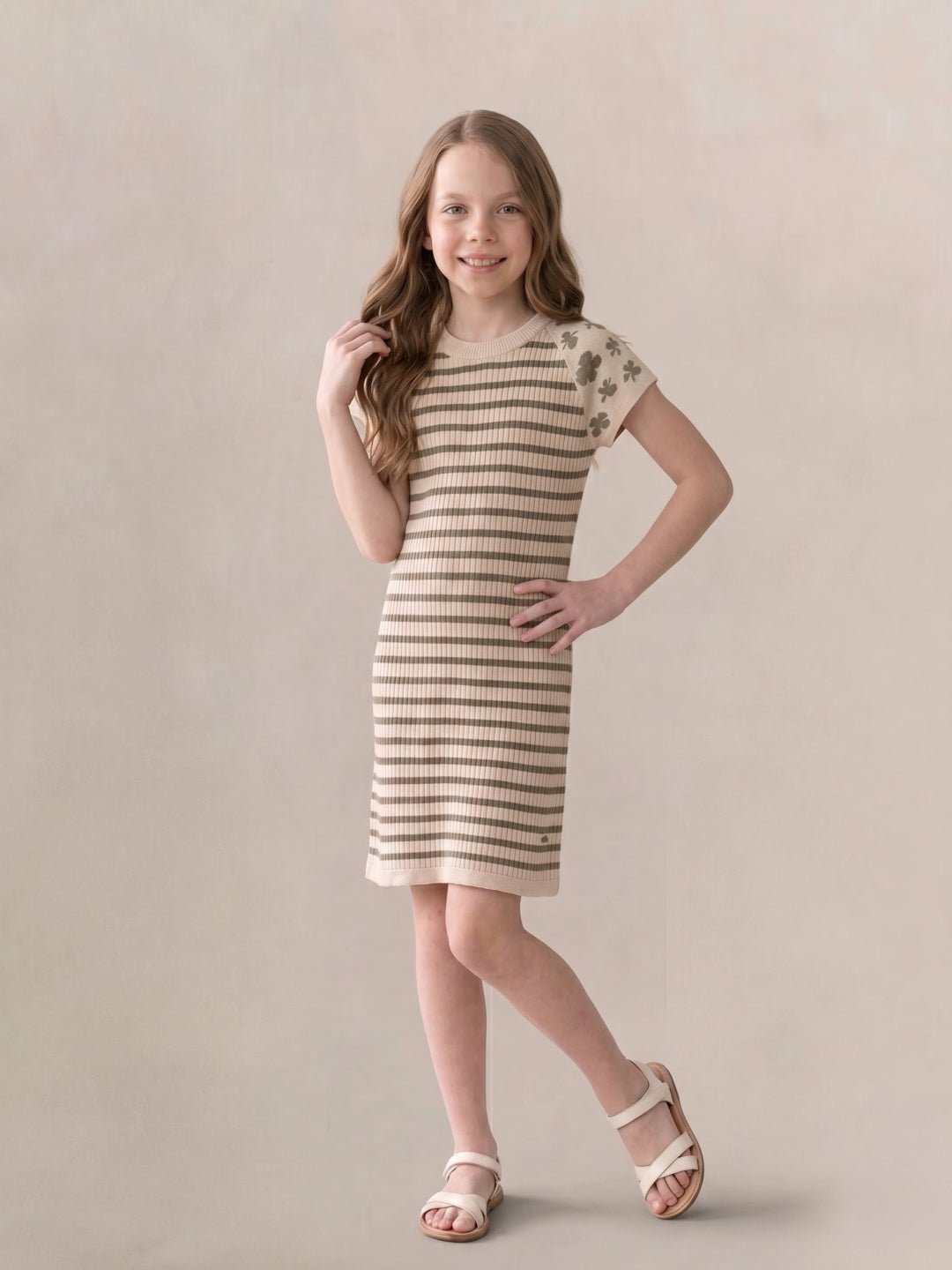 Elle Girls Beige Striped A-Line Fit Pure Cotton Dress
