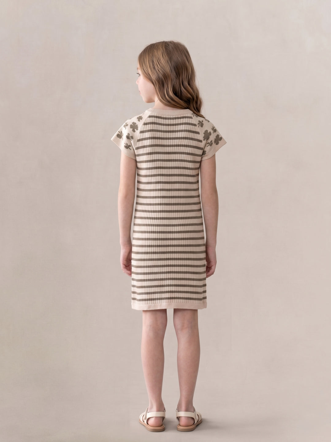 Elle Girls Beige Striped A-Line Fit Pure Cotton Dress