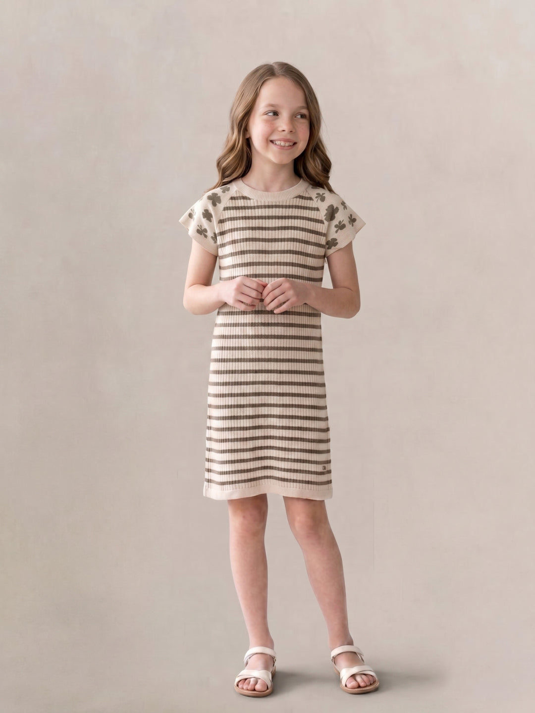 Elle Girls Beige Striped A-Line Fit Pure Cotton Dress