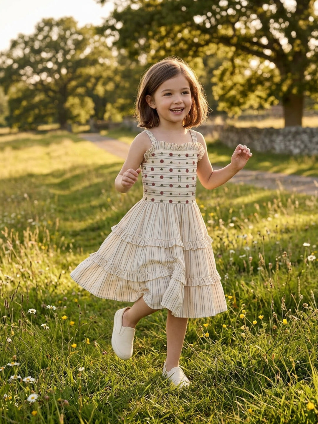 Elle Girls Cream Striped Panelled Dress