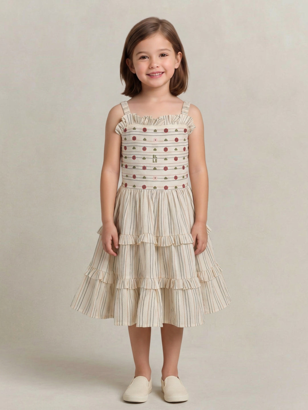 Elle Girls Cream Striped Panelled Dress