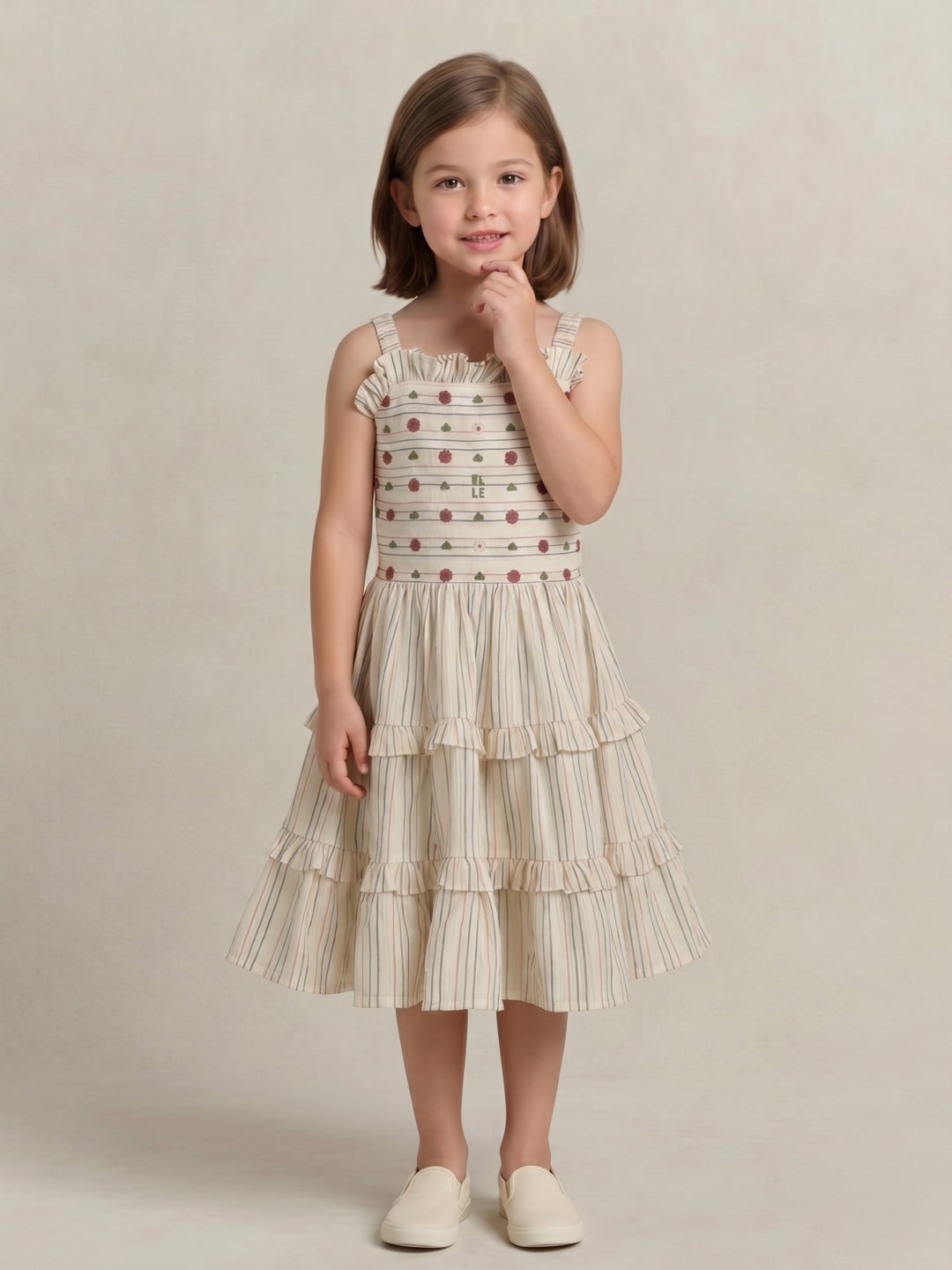 Elle Girls Cream Striped Panelled Dress