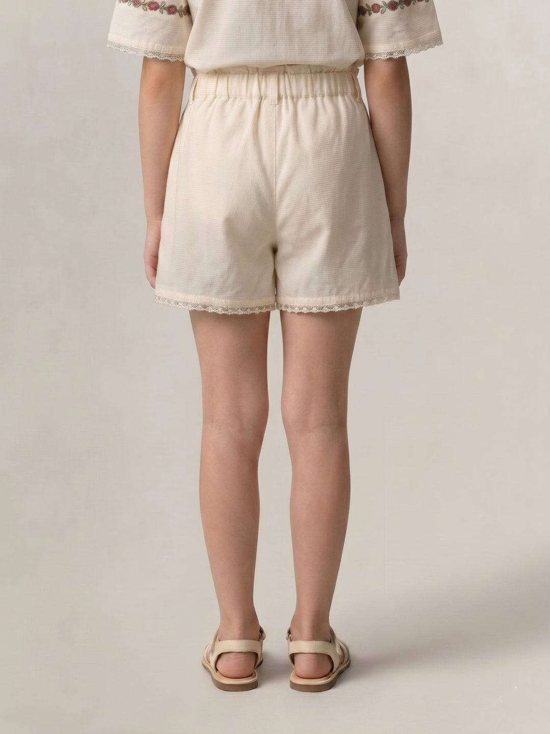 Elle Girls Cream Embroidered Regular Fit Pure Cotton Shorts