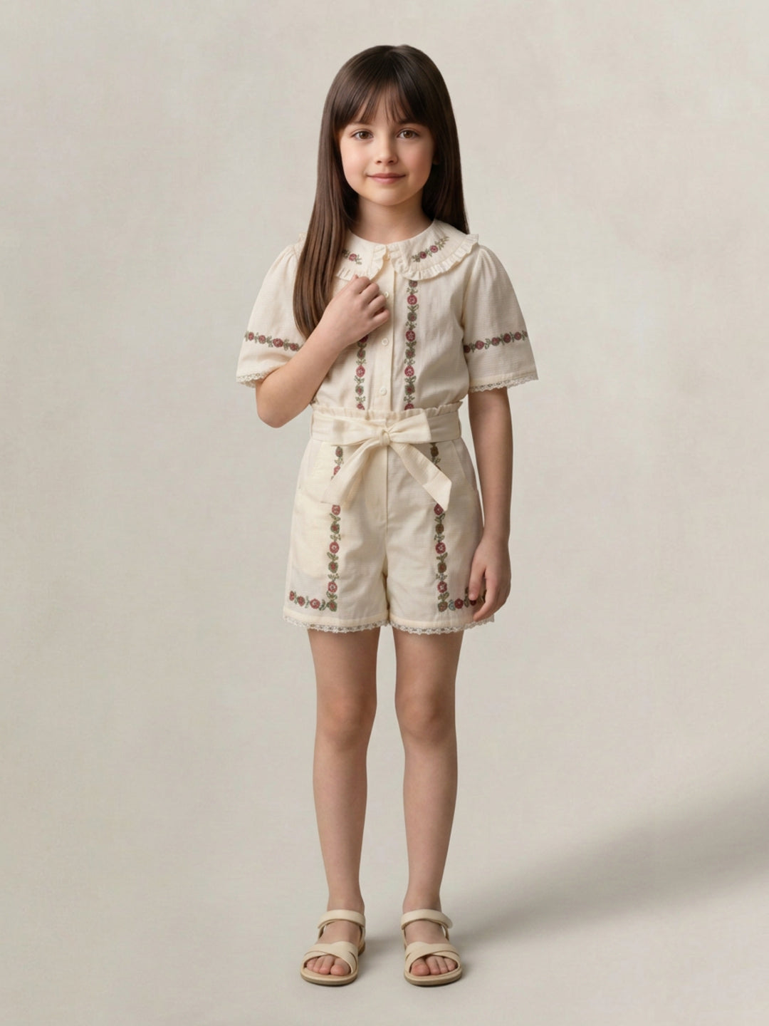 Elle Girls Cream Embroidered Regular Fit Pure Cotton Shorts