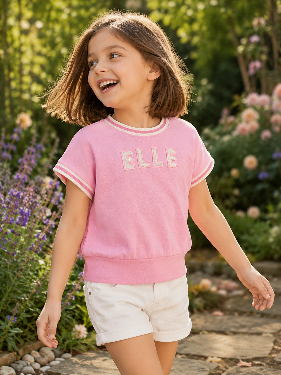 ELLE Girls Pink Embroidered Round Neck T-Shirt