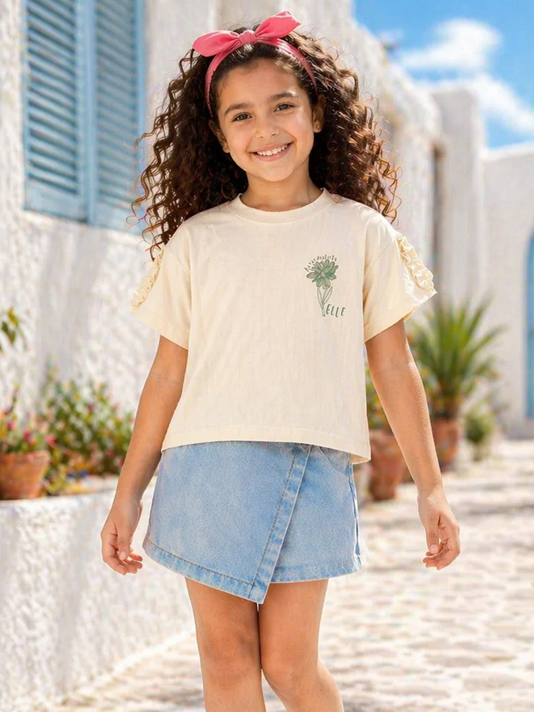 Elle Girls Cream Solid Boxy Fit Pure Cotton T-Shirt