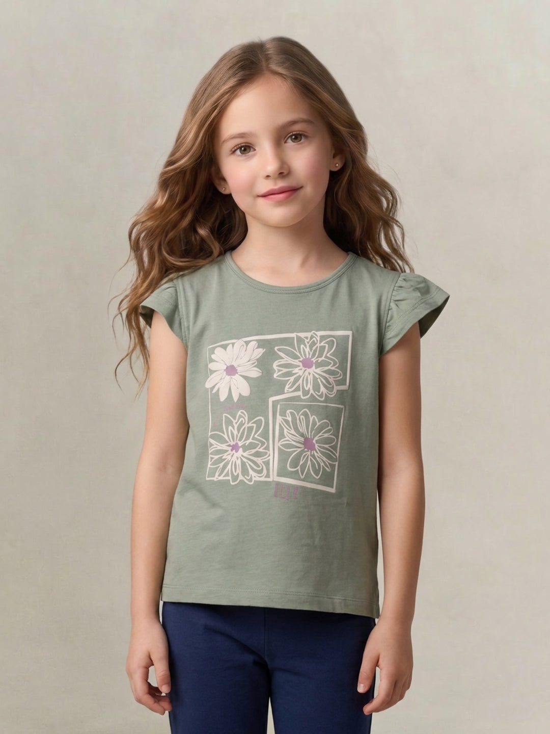 Elle Girls Green Printed Pure Cotton T-Shirt
