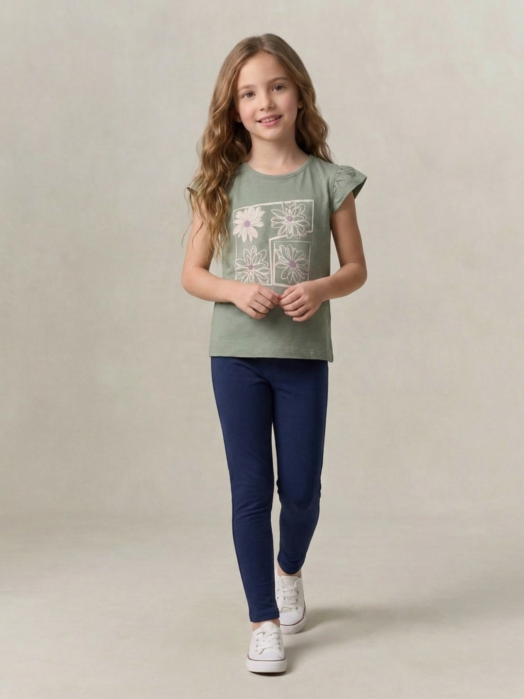 Elle Girls Green Printed Regular Fit Pure Cotton T-Shirt