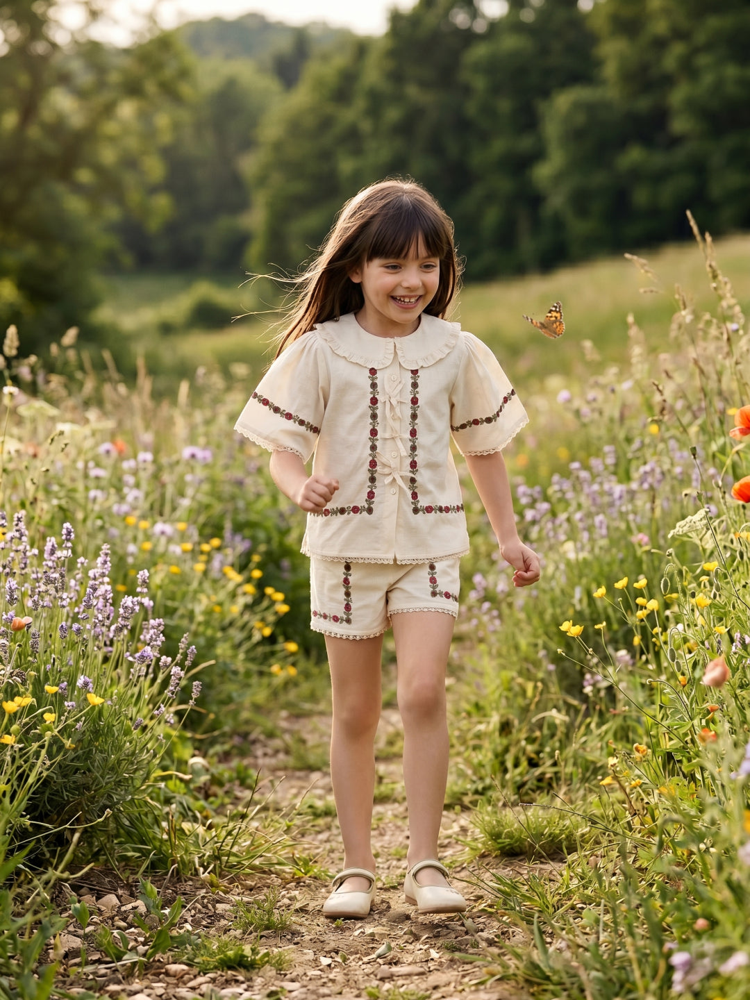 Elle Girls Cream Embroidered Straight Fit Pure Cotton Top