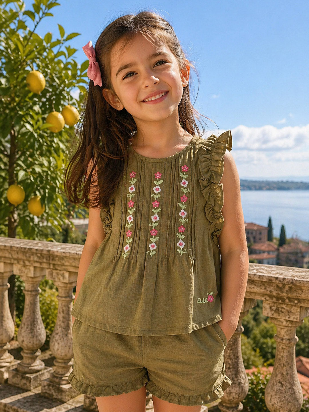 Elle Girls Marsh Green Floral Straight Fit Top