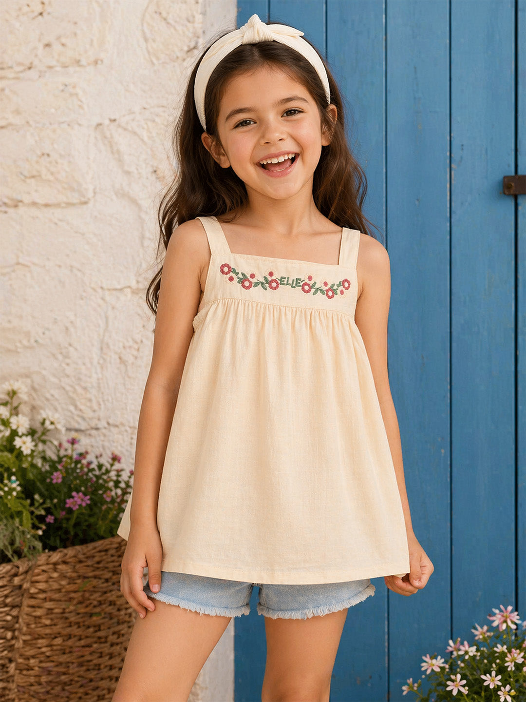 Elle Girls Cream Solid Flared Fit Top