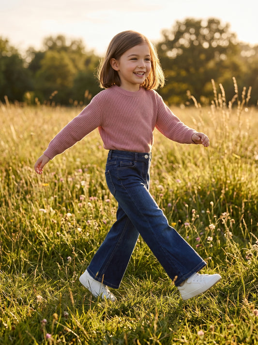 Elle Blue Cotton Solid Girls Jeans