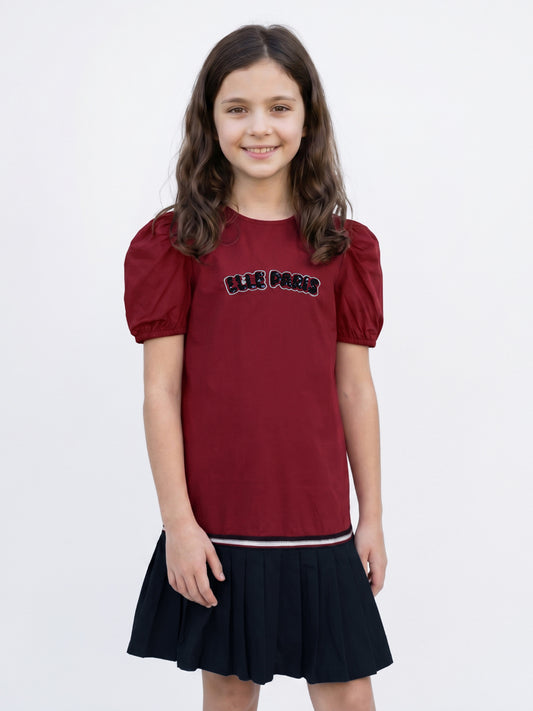 Elle Red Cotton Solid Girls Dress