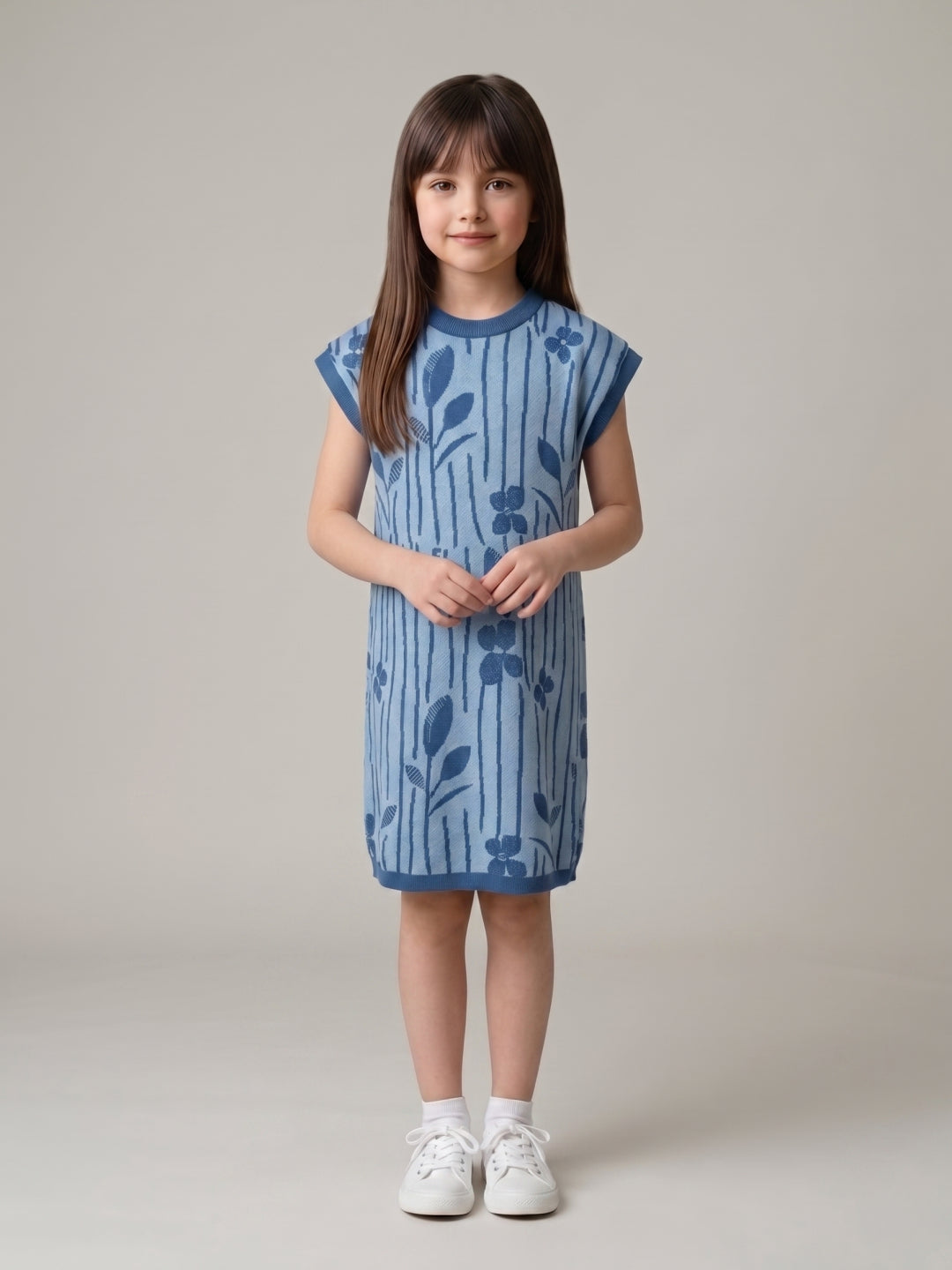 Elle Girls Blue Printed Straight Fit Pure Cotton Dress