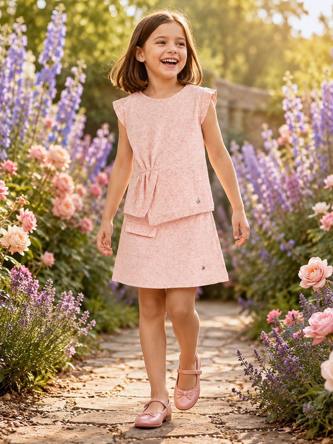 Elle Girls Peach Printed Regular Fit Skirt