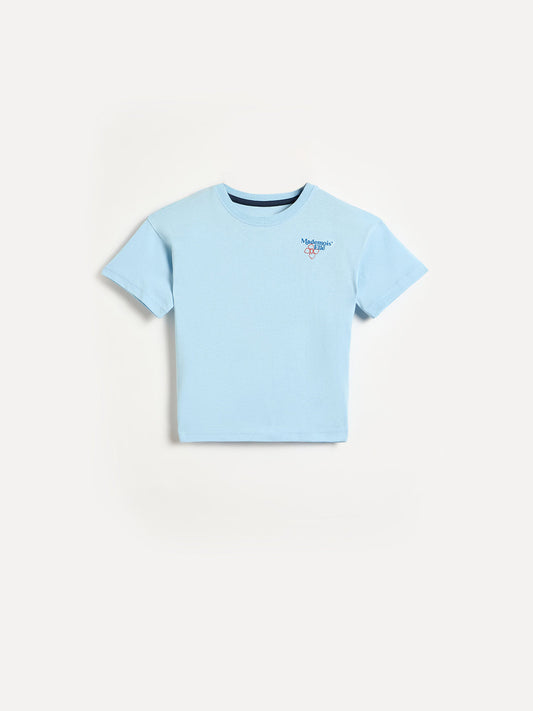 ELLE Girls Blue Relaxed Fit Round Neck T-Shirt