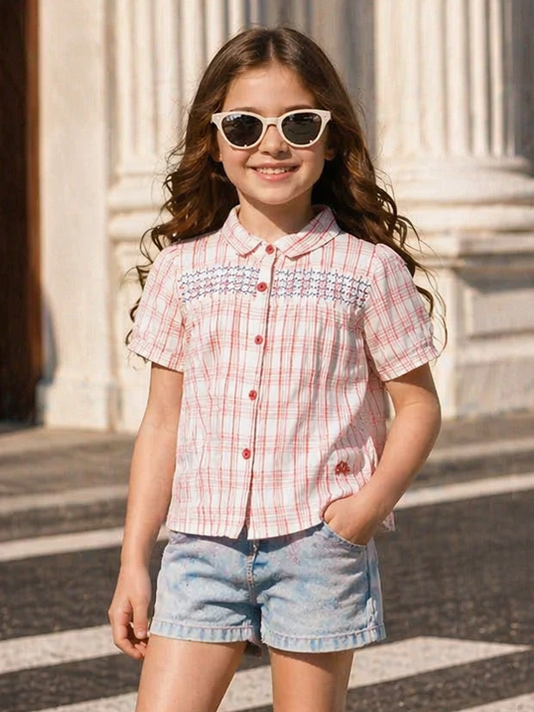 Elle Girls Red Checked Regular Fit Top