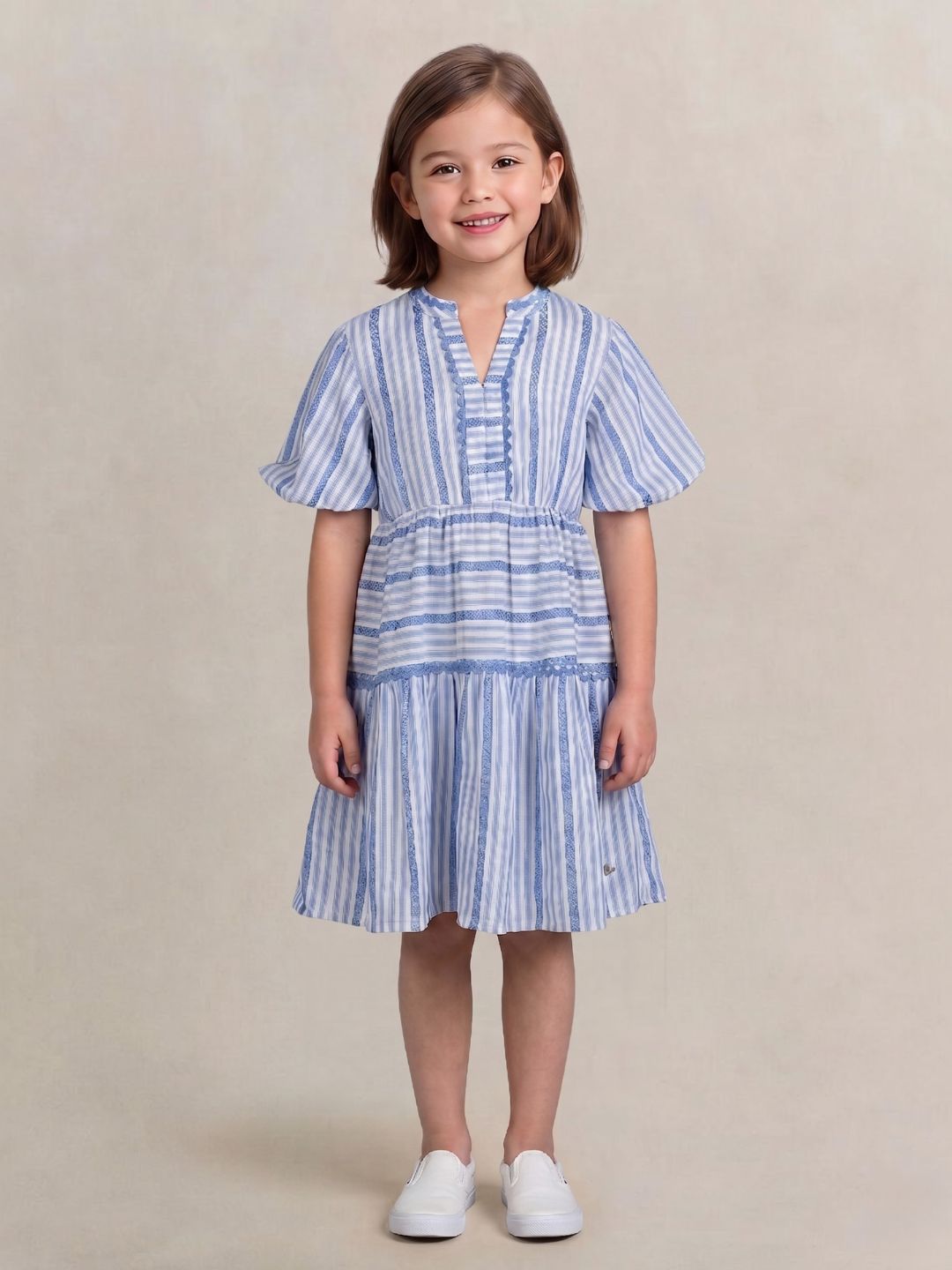 Elle Girls Blue Striped Fit & Flare Dress
