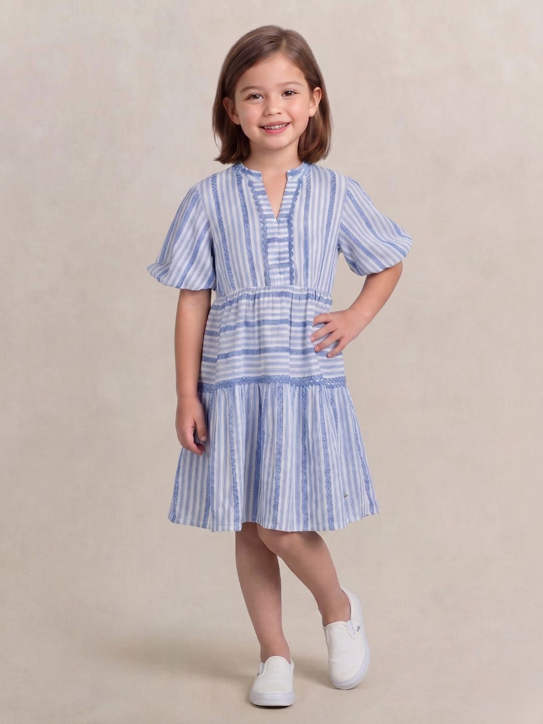 Elle Girls Blue Striped Fit & Flare Dress