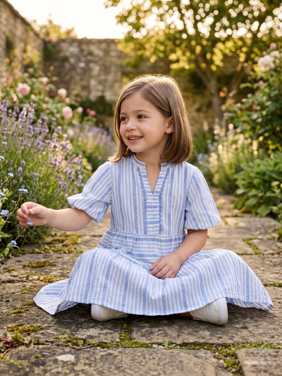 Elle Girls Blue Striped Fit & Flare Dress