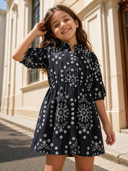 Elle Girls Black Printed Fit & Flared Pure Cotton Dress