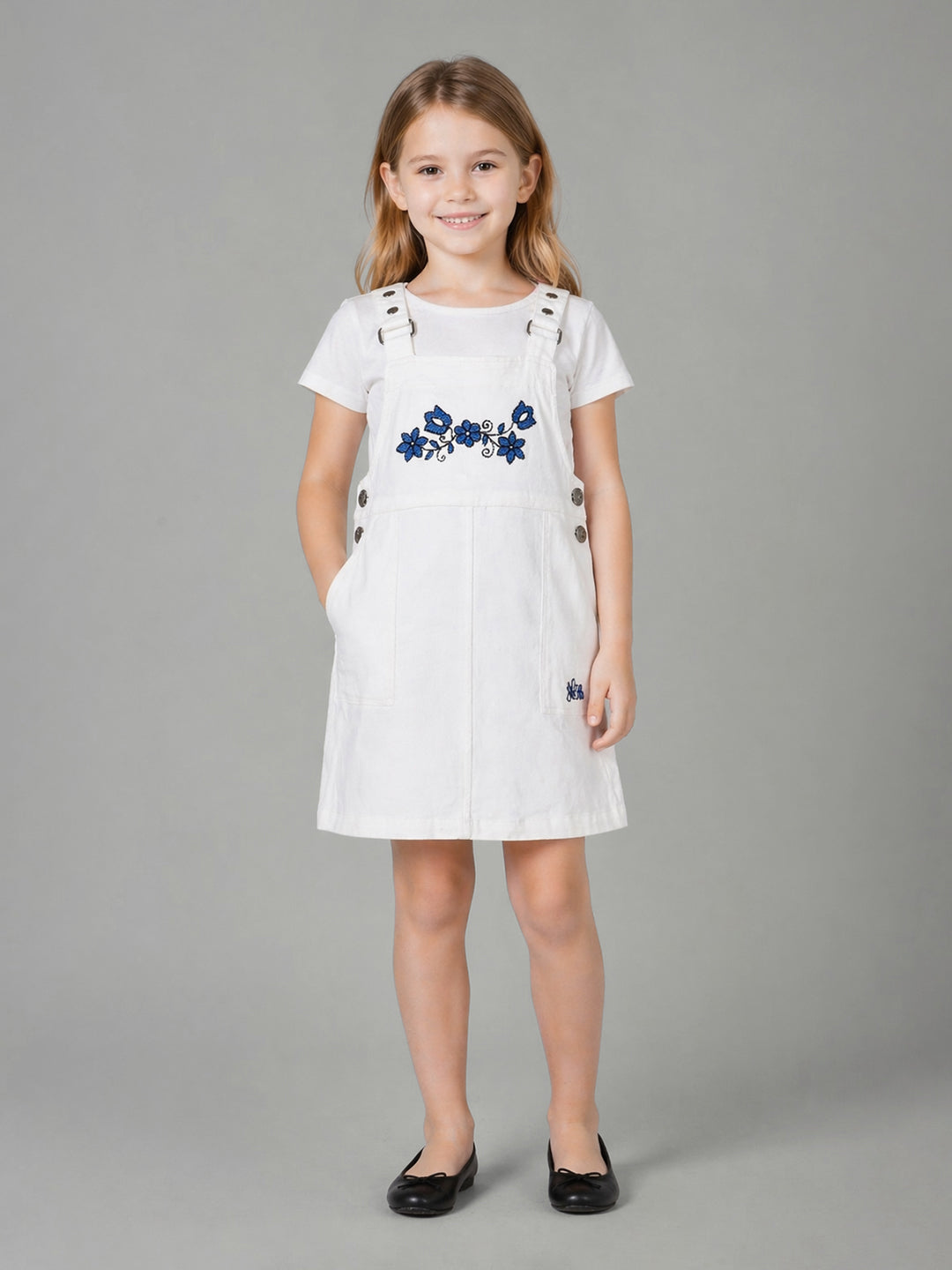 Elle Girls White Printed Regular Fit Dress