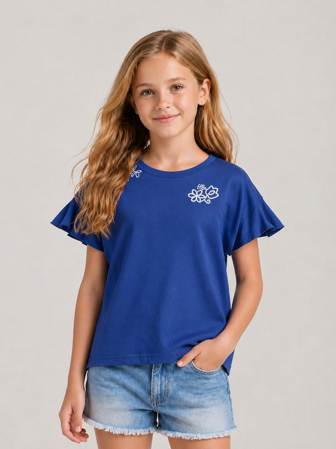 Elle Blue Cotton Solid Girls Tshirt