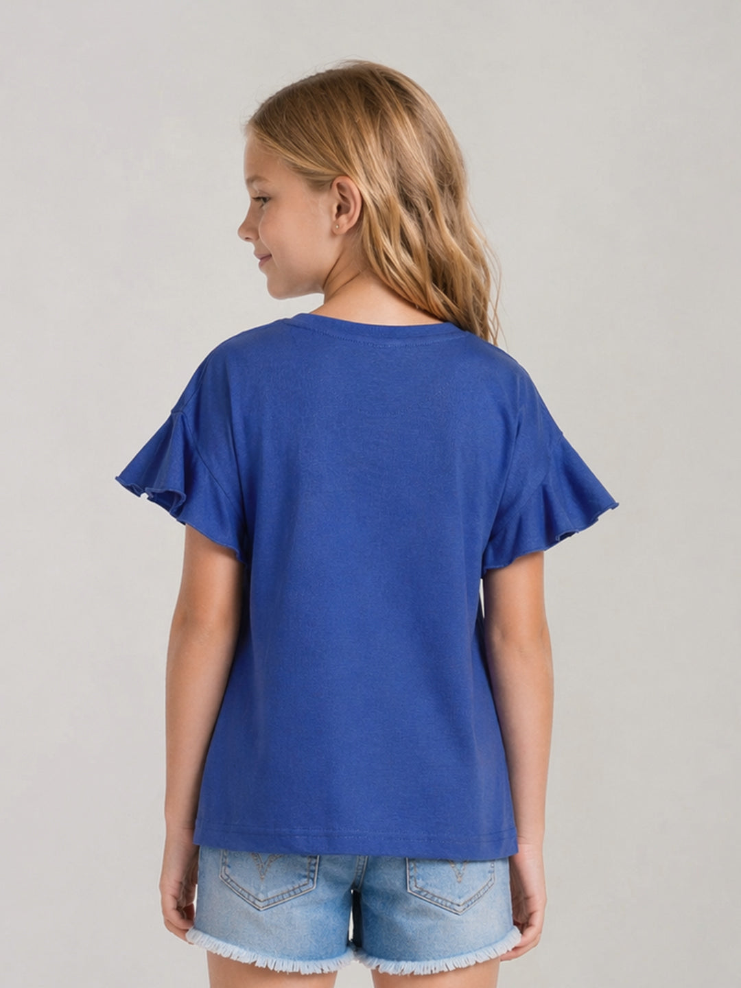 Elle Blue Cotton Solid Girls Tshirt