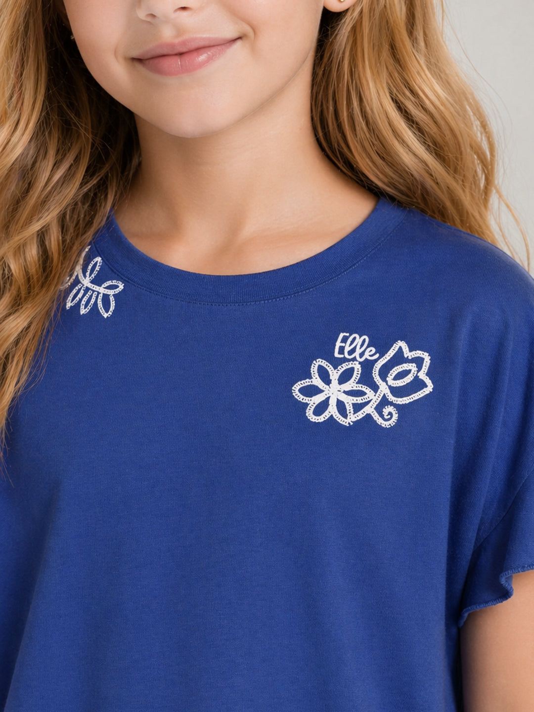 Elle Blue Cotton Solid Girls Tshirt