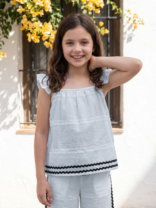 Elle White Flared Striped Girls Top