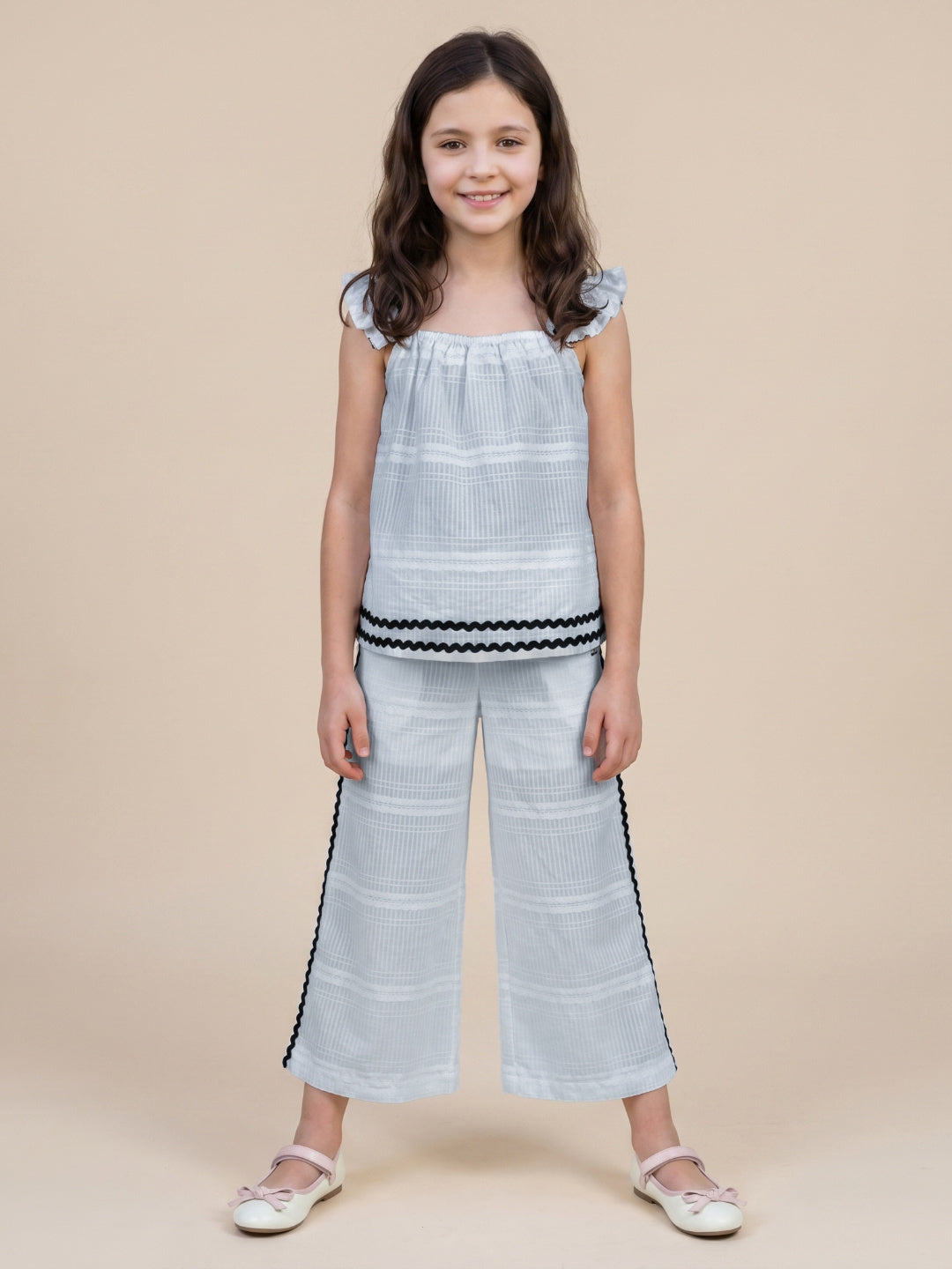Elle White Flared Striped Girls Top