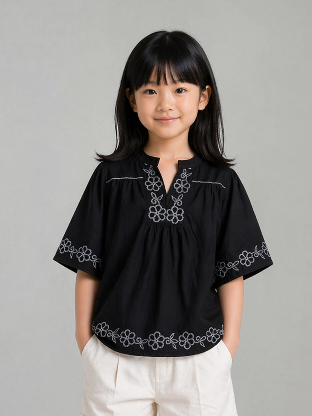 Elle Girls Black Embroidered Flared Pure Cotton Top