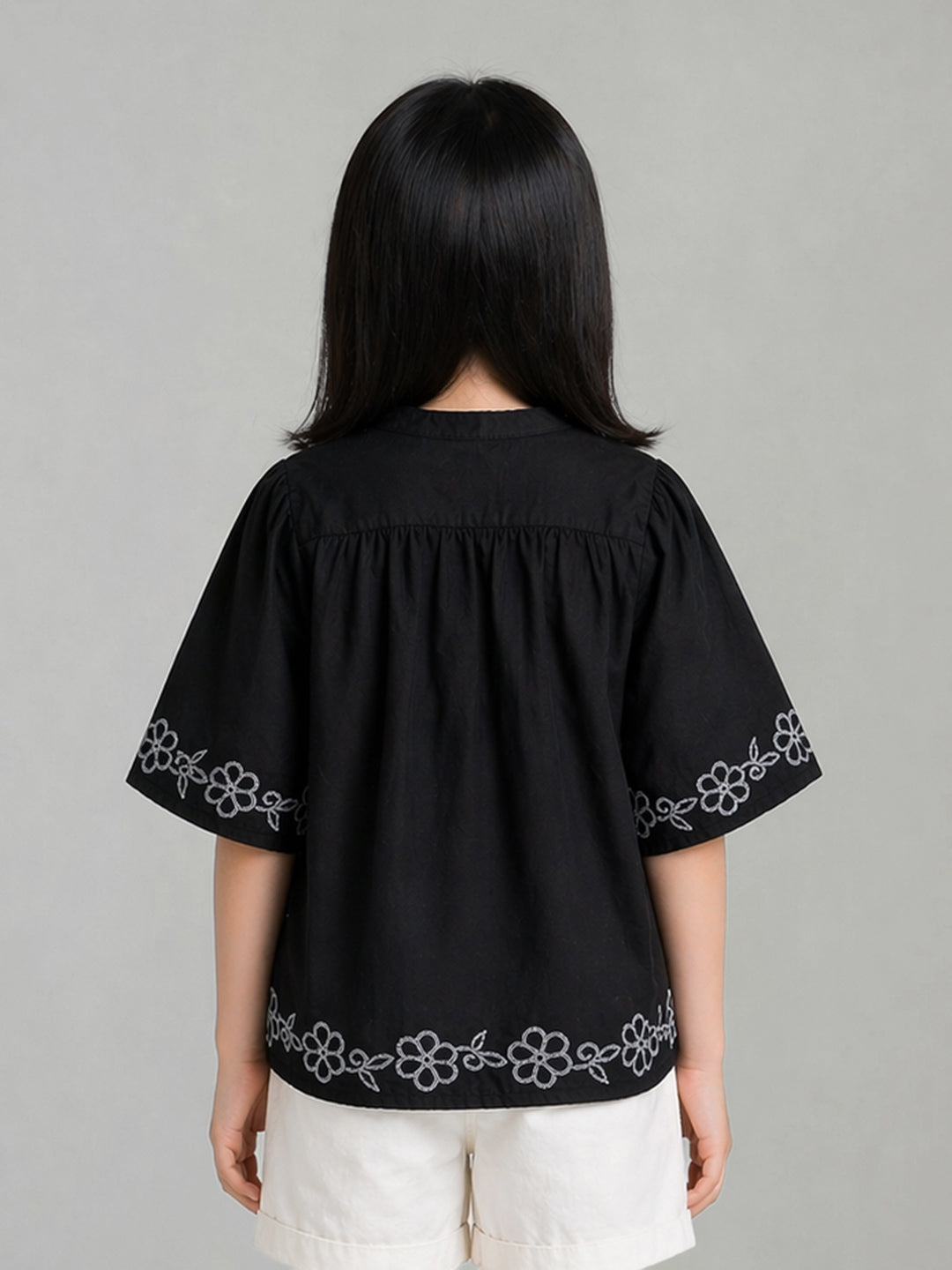 Elle Girls Black Embroidered Flared Pure Cotton Top