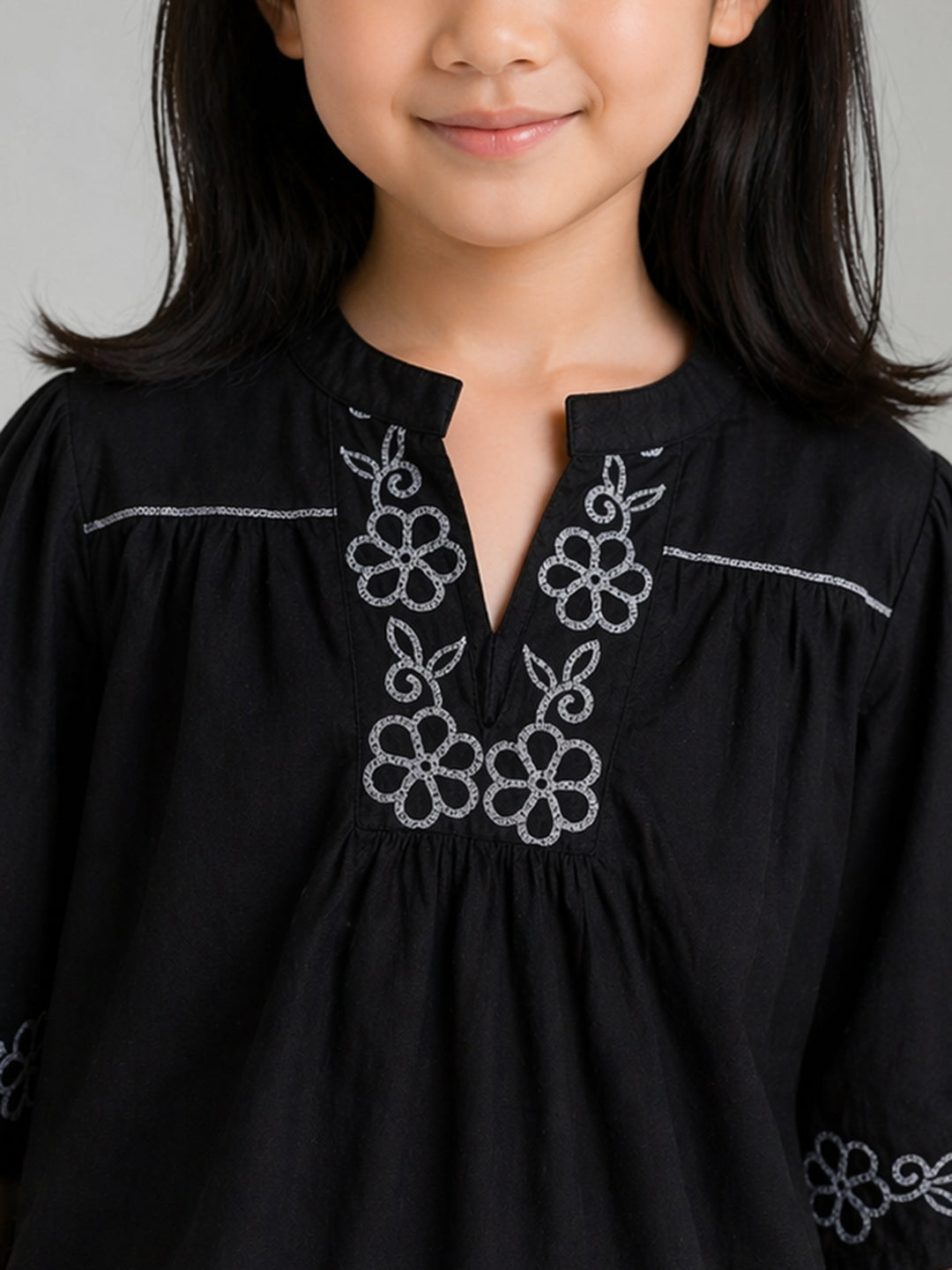 Elle Girls Black Embroidered Flared Pure Cotton Top
