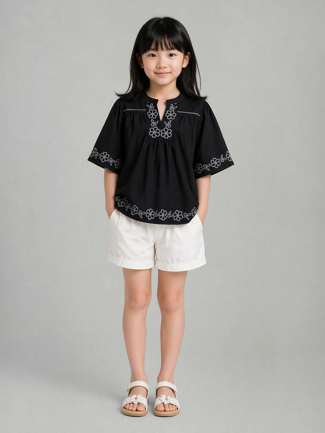 Elle Girls Black Embroidered Flared Pure Cotton Top